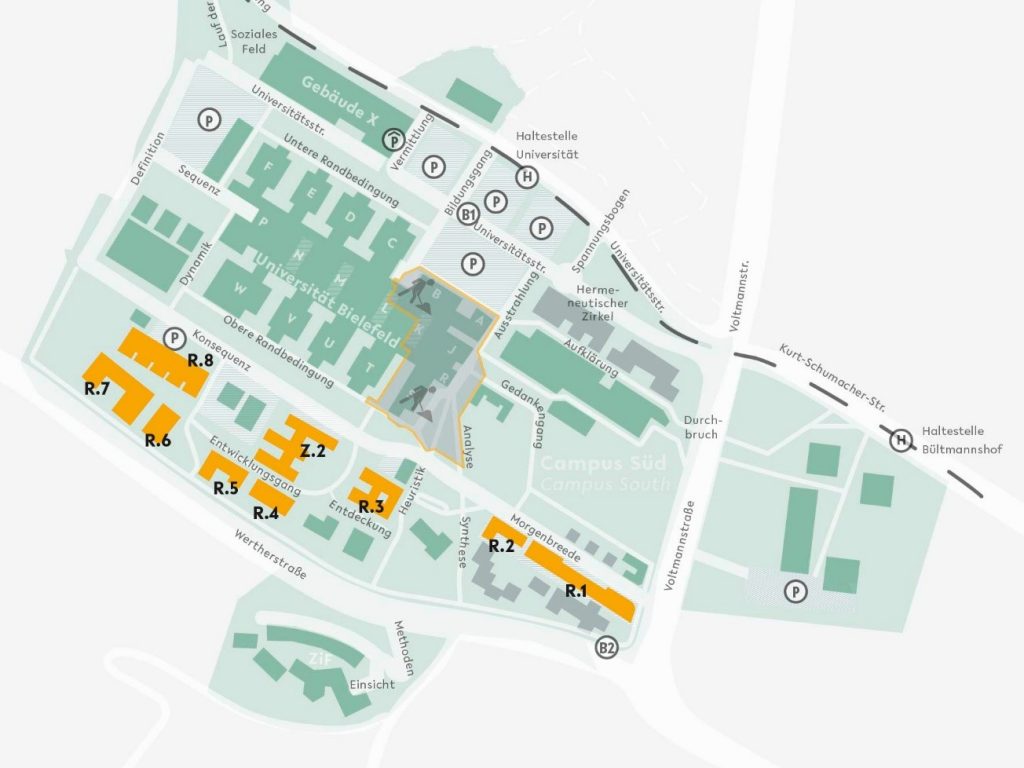 Die Karte zeigt den Campus Süd der Universität Bielefeld mit allen zukünftigen Gebäuden der Medizinischen Fakultät. Diese sind mit einem "R" und einer fortlaufenden Nummerierung benannt.